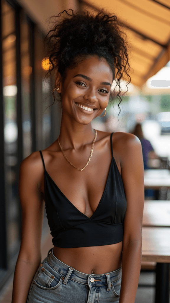 model at upscale cafe terrace, candid portrait, soft morning light through awning, wearing designer casual outfit, genuine smile, editorial fashion style, shallow depth of field