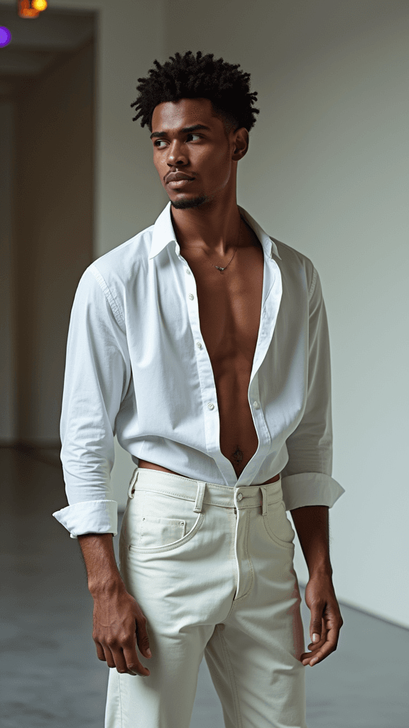 model in deconstructed white designer shirt and haute couture pants, intense eye contact, harsh rim lighting with colored gels, minimalist gallery space