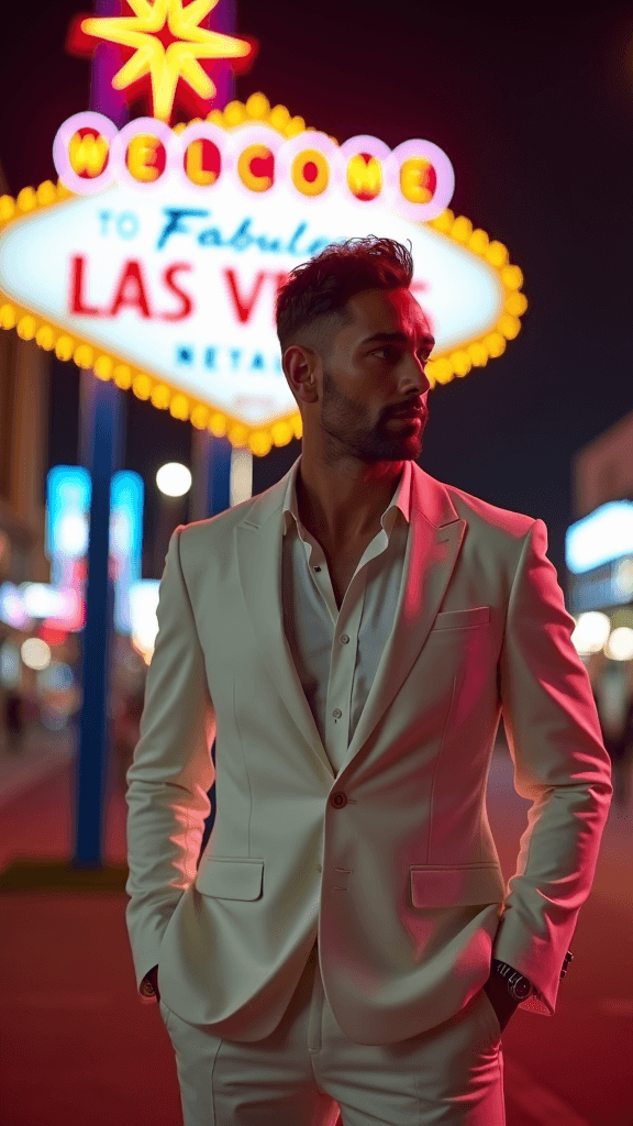 model in fitted blazer by Vegas welcome sign, natural three-quarter pose, neon lighting, iconic sign backdrop, night glamour